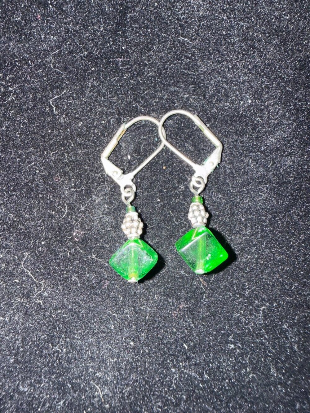 green glass square dangle earrings, silver hooks, filigree design